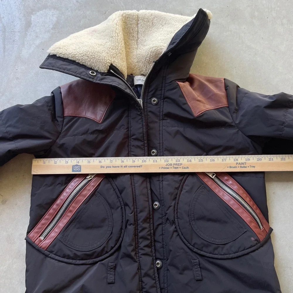 Coach 1941 Women Black Puffer Jacket Shearling Leather Yoke Star Lining 6 26720